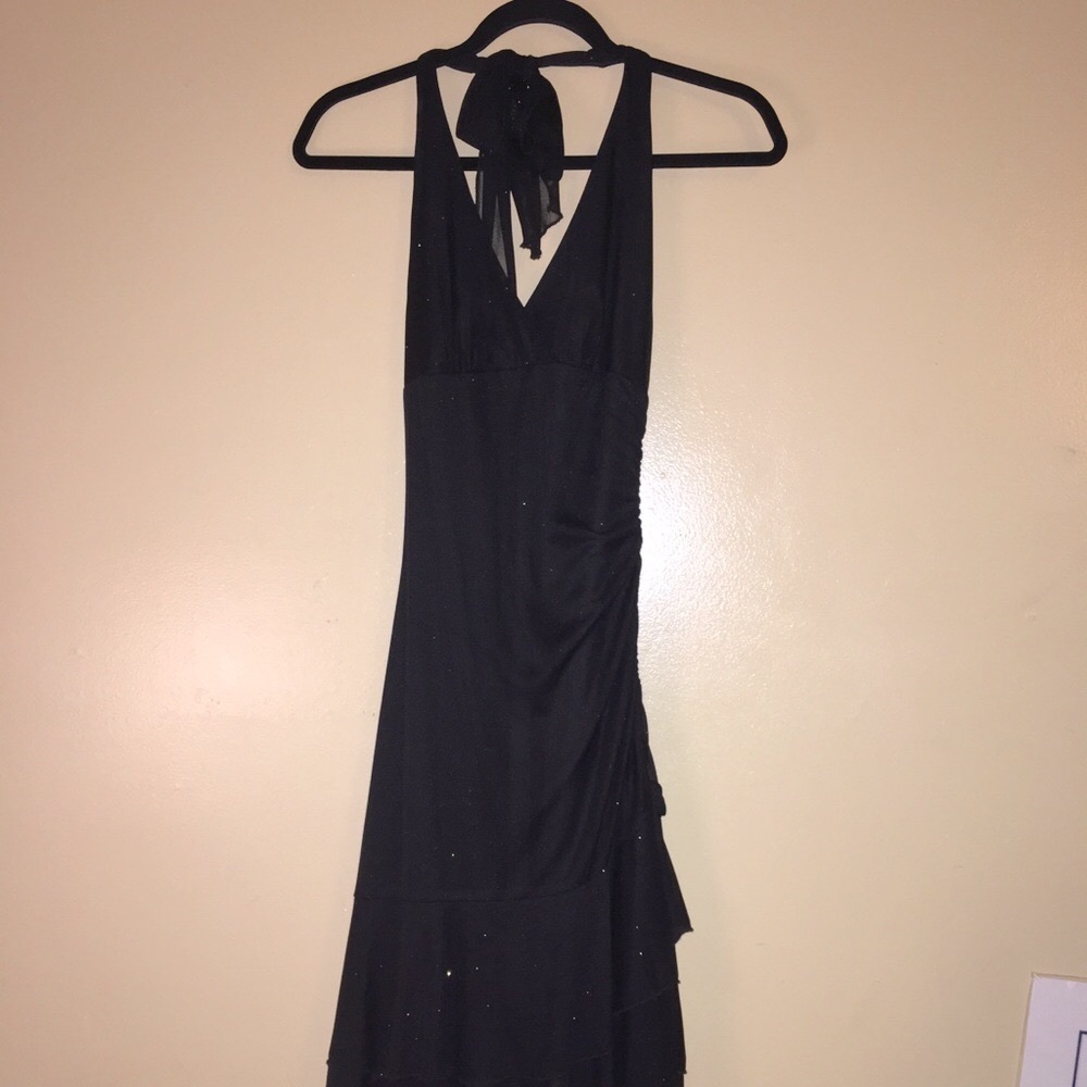 Black Mambo sparkle halter dress with Asymmetrical Ruffled hem